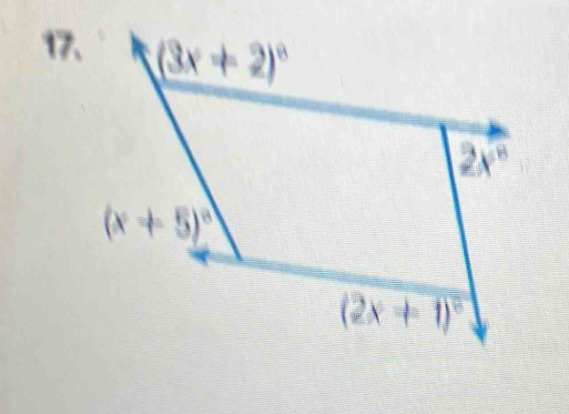 (3x+2)^circ 
2x°
(x+5)^circ 
(2x+1)^circ 