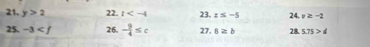 y>2 22. t 23. z≤ -5 24. v≥ -2
25. -3 26. - 9/4 ≤ c 27. 8≥ b 28. 5.75>d