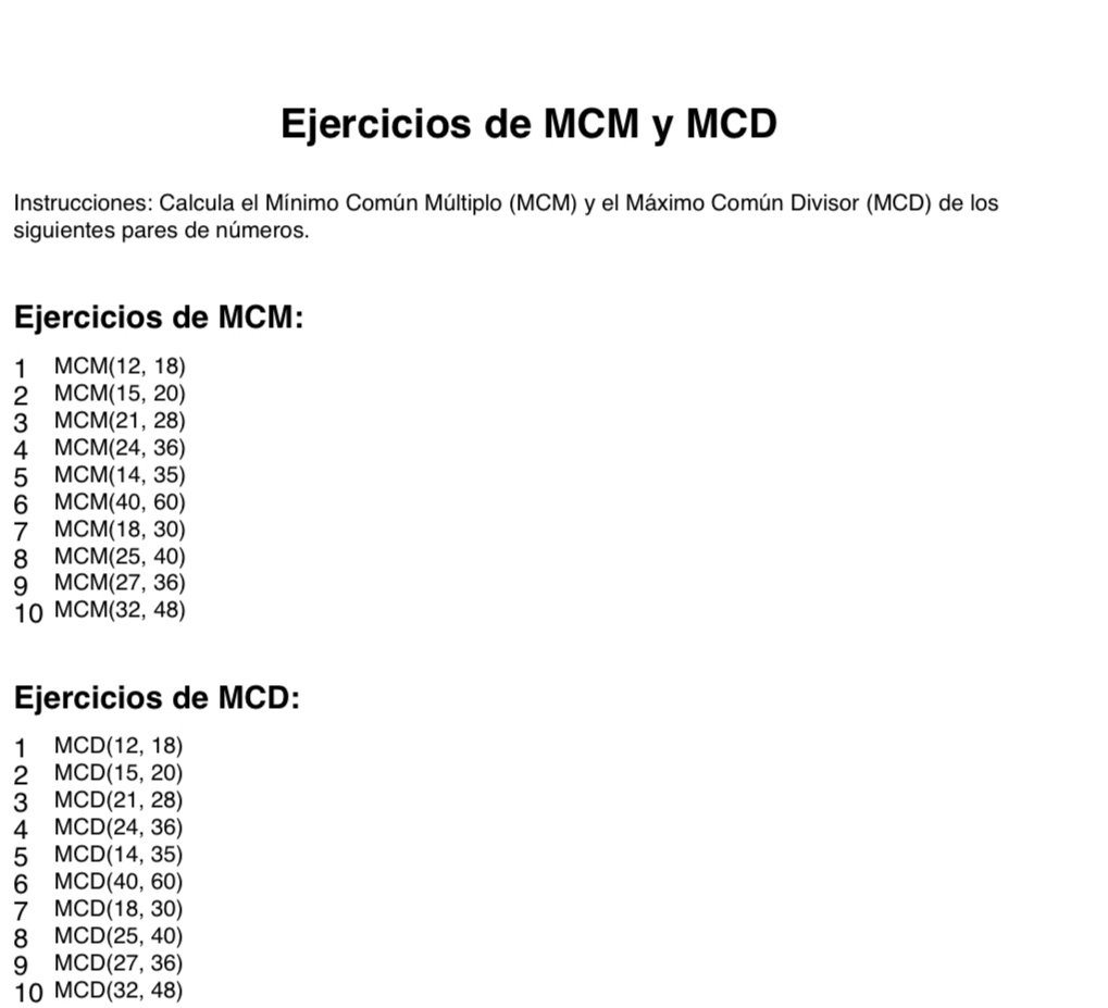 Solved: Ejercicios de MCM y MCD Instrucciones: Calcula el Mínimo Común ...