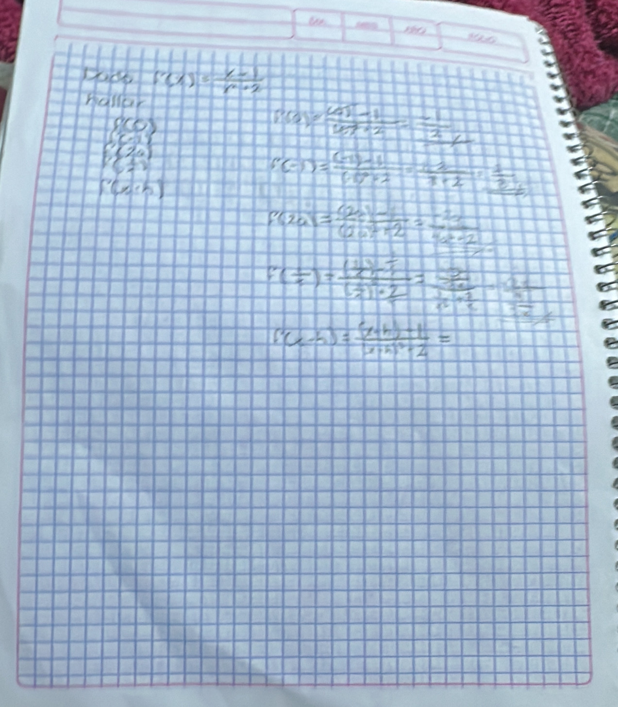 f'(x)= (x-1)/x^2+2 
hallar
beginarrayr 000 000 1000 1 1100endarray
p(0)=frac (4)^--167+2=frac -131
((x· h)
f'(-1)=frac (-1)-1(-1)^2+2= (1-2)/x-2 = 1/2 
F(2a)= ((2a)-)/6a^2+2 = (-2a)/4a-2 
F( 1/2 )=frac ( 1/2 )- 1/2 ( 1/2 )·  2/2 x=frac frac 2 1/10 + 1/2 =frac 1 1/2 
f(x-h)=frac (x+h)-1(x+h)^2--2=