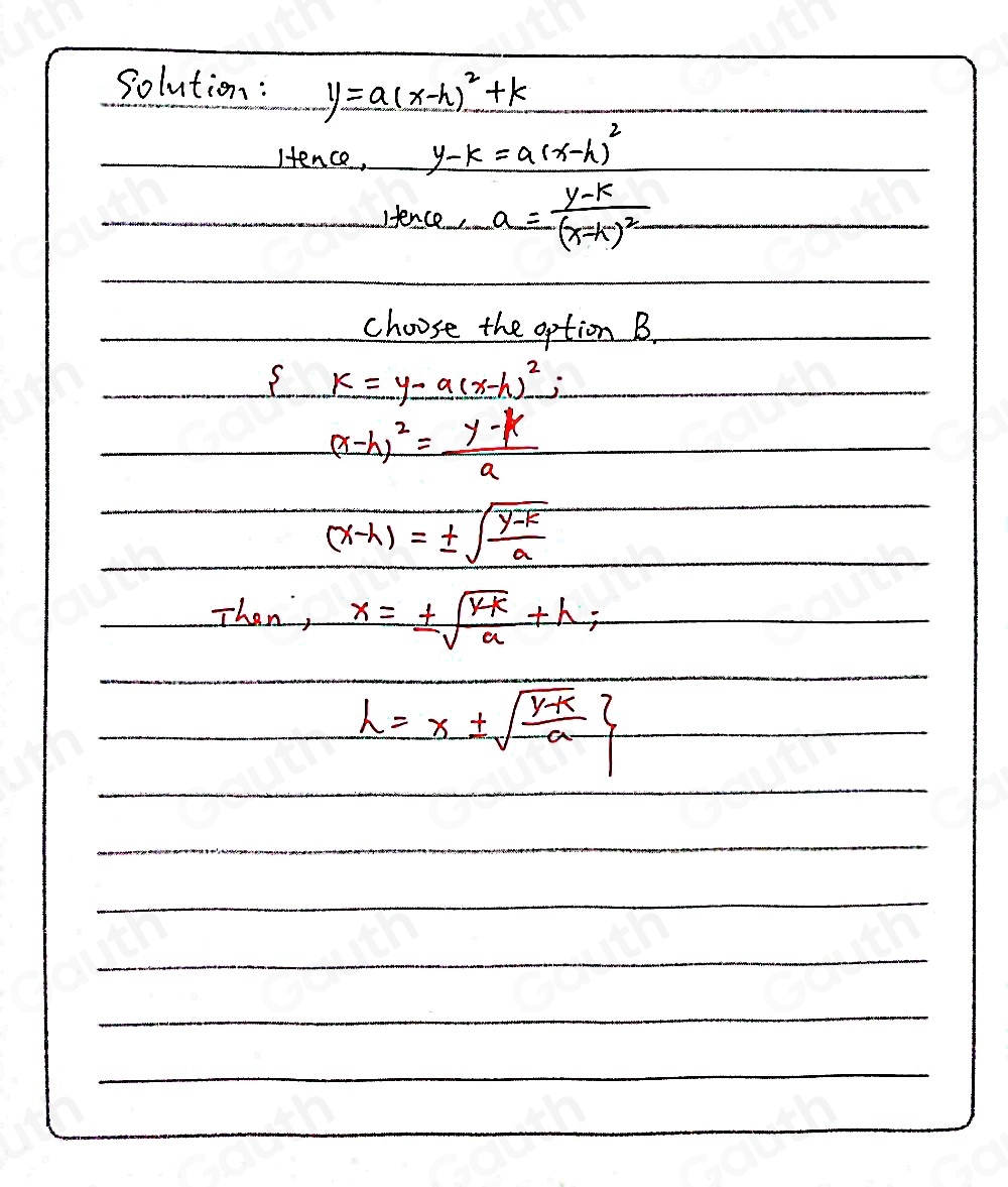 Solved: Which equation is equivalent to the formula below? y=a(x-h)^2+k ...