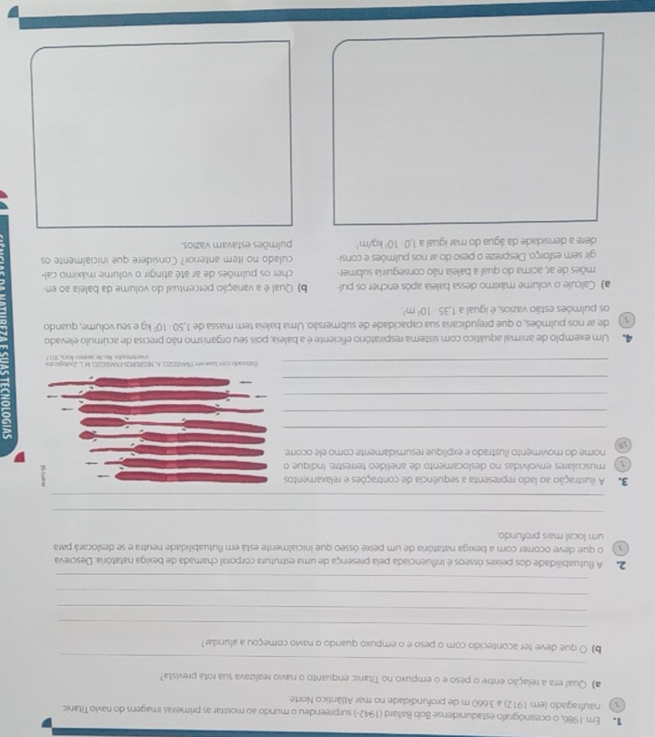 Em 1986, o oceanógrafo estadunidense Bob Ballard (1942-) surpreendeu o mundo ao mostrar as primeiras imagens do navio Titanic
naufragado (em 1912) a 3.660 m de profundidade no mar Atlântico Norte.
) Qual era a relação entre o peso e o empuxo no Titanic enquanto o navio realizava sua rota prevista?
_
b) O que deve ter acontecido com o peso e o empuxo quando o navio começou a afundar?
_
_
_
_
2 A flutuabilidade dos peixes ósseos é influenciada pela presença de uma estrutura corporal chamada de bexiga natatória. Descreva
o que deve ocorrer com a bexiga natatória de um peixe ósseo que inicialmente está em flutuabilidade neutra e se deslocará para
um local mais profundo.
_
_
3  A ilustração ao lado representa a sequência de contrações e relaxamentos
 musculares envolvidas no deslocamento de anelídeo terrestre. Indique o
nome do movimento ilustrado e explique resumidamente como ele ocorre
18
_
_
_
_
_Baboodo com tase em FIANSO2OL A, NEGREFOS-FANSO2O. M. L Zoologio dos
ereón os Ro de Janem Rocí, 2017
Um exemplo de animal aquático com sistema respiratório eficiente é a baleia, pois seu organismo não precisa de acúmulo elevado
de ar nos pulmões, o que prejudicaria sua capacidade de submersão. Uma baleia tem massa de 1,50 · 10º kg e seu volume, quando
os pulmões estão vazios, é igual a 1,35· 10^2m^3.
a) Calcule o volume máximo dessa baleia após encher os pul- b) Qual é a variação percentual do volume da baleia ao en-
mões de ar, acima do qual a baleia não conseguiria submer- cher os pulmões de ar até atingir o volume máximo cal-
gir sem esforço. Despreze o peso do ar nos pulmões e consi- culado no item anterior? Considere que inicialmente os
dere a densidade da água do mar igual a 1,0· 10^3kg/m^3 pulmões estavam vazios.