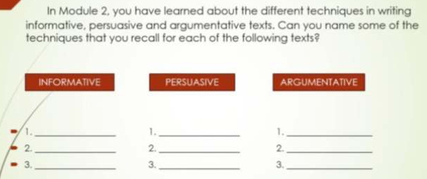 In Module 2, you have learned about the different techniques in writing
informative, persuasive and argumentative texts. Can you name some of the
techniques that you recall for each of the following texts?
INFORMATIVE PERSUASIVE ARGUMENTATIVE
1._
1._
1._
2._
2._
2._
3._
3._
3._