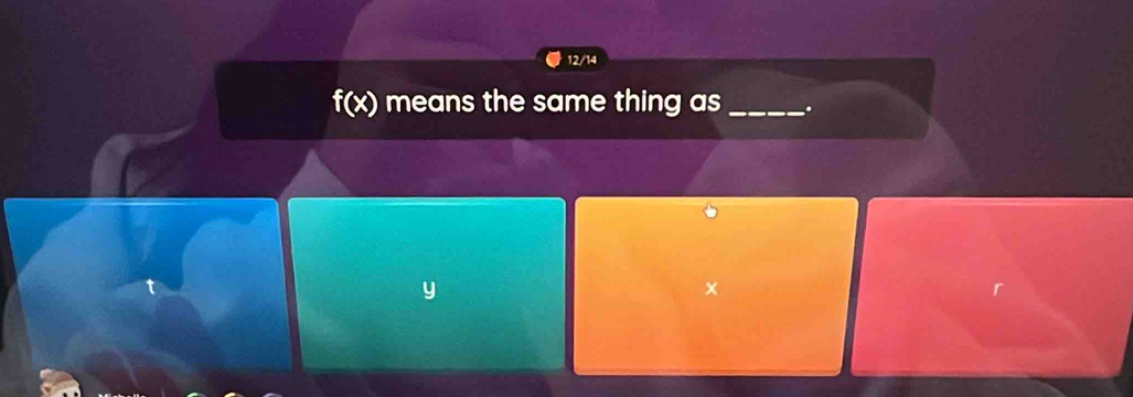 12/14
f(x) means the same thing as _.

y
×