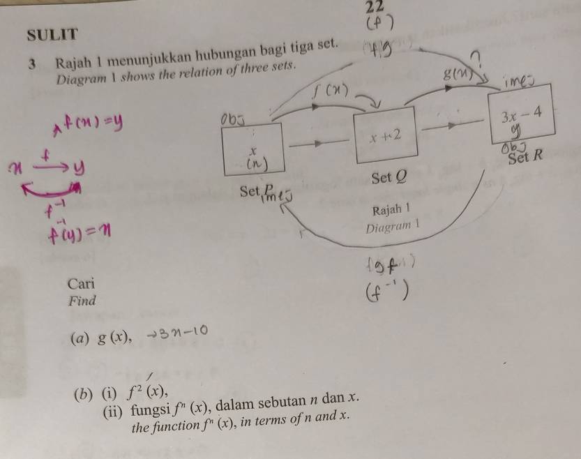 SULIT 
3 Rajah 1 menunjukkan hubungan bagi tiga set. 
Diagram 1 shows the relation of three sets.
g(n)
3x-4
x+2
Set R
Set Q
Set 
Rajah 1 
Diagram 1 
Cari 
Find 
(a) g(x), N1 - 
(b) (i) f^2(x), 
(ii) fungsi f'prime (x) , dalam sebutan n dan x. 
the function f''(x) , in terms of n and x.