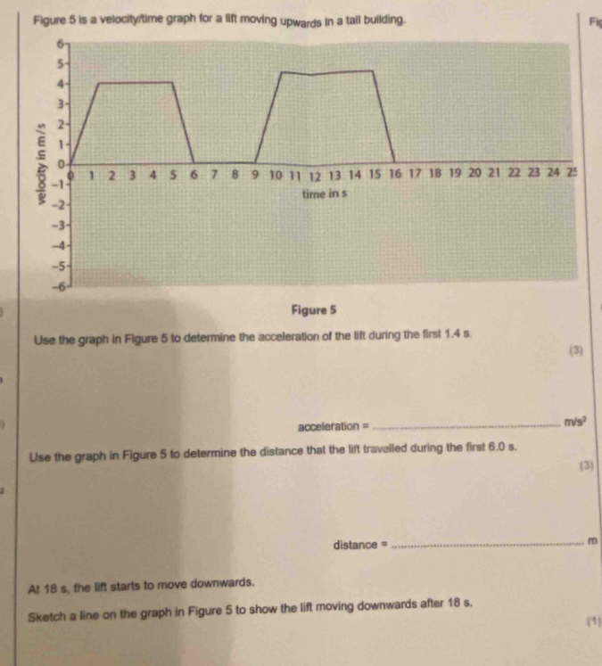 Figure 5 is a velocity/time graph for a lift moving upwards in a tall building. Fi
6
5
4
3
2
1
0
1 2 3 4 5 6 7 8 9 10 11 12 13 14 15 16 17 18 19 20 21 22 23 24 25
-1
time in s
-2
-3
-4
-5
-6
Figure 5 
Use the graph in Figure 5 to determine the acceleration of the lift during the first 1.4 s. 
(3) 
acceleration = 
_ m/s^2
Use the graph in Figure 5 to determine the distance that the lift travelled during the first 6,0 s. 
(3) 
distance = 
_m 
At 18 s, the lift starts to move downwards. 
Sketch a line on the graph in Figure 5 to show the lift moving downwards after 18 s. 
(1)