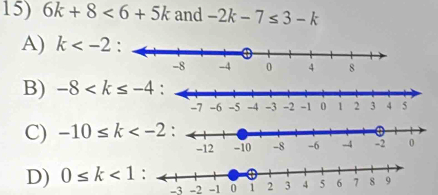 6k+8<6+5k and -2k-7≤ 3-k
A) k
B) -8
C) -10≤ k
D) 0≤ k<1</tex>
-3 -2 -1 0