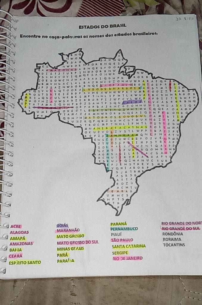 ESTADOS DO BRASIL 
Encontre no caça-palavras os nomes dos estados brasileiros. 
ACRE Goiás paraná RIO GRANDE DO NOR 
ALAGOAS MARANHÃO PERNAMBUCO RIO GRANDE DO SÜL 
AMAPÁ MATO GROSSO piauí RonDôNIA 
AMAZONAS MATO GROSSO DO SUL São paulo RORAIMA 
BAHIA MINAS GERAIS SANTA CATARINA TOCANTINS 
CearA PARÁ SERGIPE 
ESP.RITO SANTO PARAlUA RIO DE JANEIRO