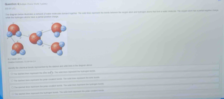 Question 4(Mulipie Choice Varth 3 paints)
(02.01 LC)
The diagram below illustrates a network of water molecules bonded logether. The sold lines represent the bonds between the oxygen arum and hydrogen atoms that form a water molecule. The oxygen arm huss a partal negative charge
whie the hydrogen aloms have a partial positive charge
Creative Comons. CC BY.SA 3 0
identify the chemical bonds represented by the dashed and soid lines in the diagram above
The dashed lines represent the konic bo . The sold lives represent the hydrogen bonds
The dashed lines represent the polar covalent bonds. The suist lines represent the lonc honds
The dashed lines represent the polar covalent bunds. The sold lines represent the hydruges bondhs
The dashed lihes represent the hydrogen bonds. The sold linel represent the polr consen bonds