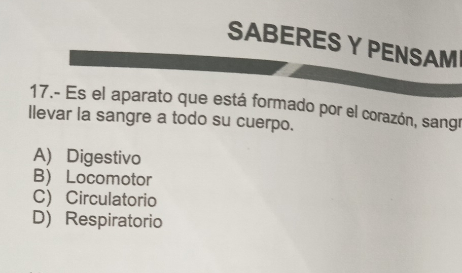 SABERES Y PENSAM
17.- Es el aparato que está formado por el corazón, sangr
llevar la sangre a todo su cuerpo.
A) Digestivo
B Locomotor
C) Circulatorio
D) Respiratorio