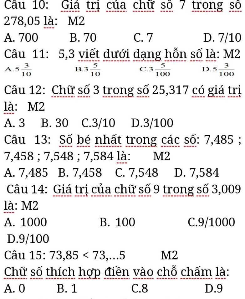 Giá trị của chữ số 7 trong số
278,05 là: M2
A. 700 B. 70 C. 7 D. 7/10
Câu 11: 5,3 viết dưới dạng hỗn số là: M2
A. 5 3/10  3 5/10  3 5/100  D. 5 3/100 
B.
C
Câu 12: Chữ số 3 trong số 25,317 có giá trị
là: M2
A. 3 B. 30 C. 3/10 D. 3/100
Câu 13: Số bé nhất trong các số: 7,485;
7,458; 7,548; 7,584 là: M2
A. 7,485 B. 7,458 C. 7,548 D. 7,584
Câu 14: Giá trị của chữ số 9 trong số 3,009
là: M2
A. 1000 B. 100 C. 9/1000
D. 9/100
Câu 15: 73,85<73,...5 M2
Chữ số thích hợp điền vào chỗ chấm là:
A. 0 B. 1 C. 8 D. 9