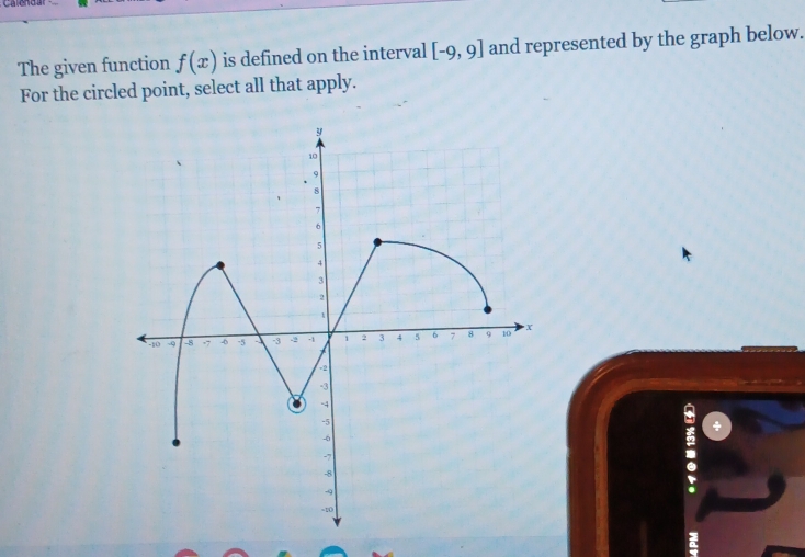 Calends 
The given function f(x) is defined on the interval [-9,9] and represented by the graph below. 
For the circled point, select all that apply.