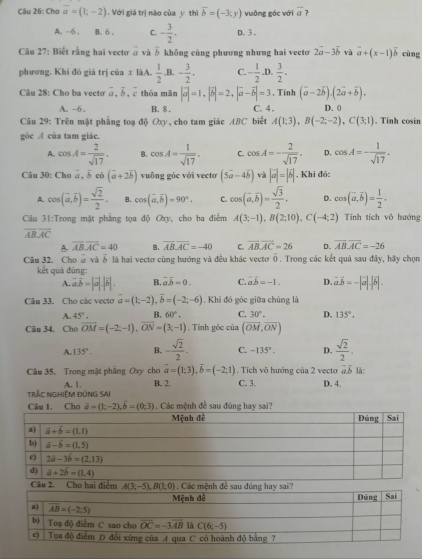 Cho vector a=(1;-2). Với giá trị nào của y thì vector b=(-3;y) vuông góc với vector a ?
A. -6 . B. 6 . C. - 3/2 . D. 3 .
Câu 27: Biết rằng hai vectơ vector a và vector b không cùng phương nhưng hai vecto 2vector a-3vector b và vector a+(x-1)vector b cùng
phương. Khi đó giá trị của x làA.  1/2 .B.- 3/2 . C. - 1/2  .D.  3/2 .
Câu 28: Cho ba vectơ à, δ, ở thỏa mãn |vector a|=1,|vector b|=2,|vector a-vector b|=3. Tính (vector a-2vector b).(2vector a+vector b).
A. -6 . B. 8 . C. 4 . D. 0
Câu 29: Trên mặt phăng toạ độ Oxy , cho tam giác ABC biết A(1;3),B(-2;-2),C(3;1). Tính cosin
góc A của tam giác.
A. cos A= 2/sqrt(17) . B. cos A= 1/sqrt(17) . cos A=- 2/sqrt(17) . D. cos A=- 1/sqrt(17) .
C.
Câu 30: Cho à, b có (overline a+2overline b) vuông góc với vecto (5vector a-4vector b) và |vector a|=|vector b|. Khi đó:
A. cos (overline a,overline b)= sqrt(2)/2 . B. cos (vector a,vector b)=90°. C. cos (vector a,vector b)= sqrt(3)/2 . D. cos (vector a,vector b)= 1/2 .
Câu 31:Trong mặt phẳng tọa độ Oxy, cho ba điểm A(3;-1),B(2;10),C(-4;2) Tính tích vô hướng
overline AB.overline AC
A. overline AB.overline AC=40 overline AB.overline AC=-40 C. overline AB.overline AC=26 D. vector AB.vector AC=-26
B.
Câu 32. Cho à và vector b là hai vectơ cùng hướng và đều khác vectơ Ō. Trong các kết quả sau đây, hãy chọn
kết quả đúng:
A. vector a.vector b=|vector a|.|vector b|. vector a.vector b=-|vector a|.|vector b|.
B. vector a.vector b=0. C. vector a.vector b=-1. D.
Câu 33. Cho các vectơ vector a=(1;-2),vector b=(-2;-6). Khi đó góc giữa chúng là
A. 45°. B. 60°. C. 30°. D. 135°.
Câu 34. Cho overline OM=(-2;-1),overline ON=(3;-1). Tính góc của (overline OM,overline ON)
A. 135°. B. - sqrt(2)/2 .  sqrt(2)/2 .
C. -135°. D.
Câu 35. Trong mặt phẳng Oxy cho vector a=(1;3),vector b=(-2;1). Tích vô hướng của 2 vectơ vector a.vector b là:
A. 1. B. 2. C. 3. D. 4.
TRỐC NGHIỆM ĐÚNG SAI
Câu 1. Cho vector a=(1;-2),vector b=(0;3). Các mệnh đề sau đúng hay sai?
Câu 2. Cho hai điểm A(3;-5),B(1;0) Các mệnh đề sau đúng hay sai?