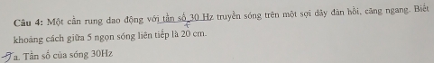 Một cần rung đao động với tần số 30 Hz truyền sóng trên một sợi dây đàn hồi, căng ngang. Biết 
khoảng cách giữa 5 ngọn sóng liên tiếp là 20 cm. 
Tâ Tần số của sóng 30Hz