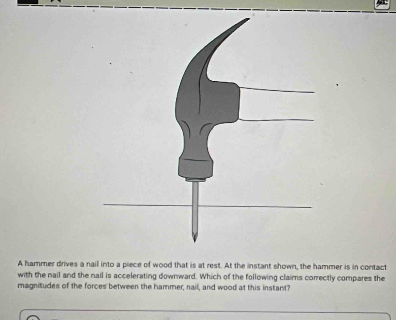 Solved: A hammer drives a nail into a piece of wood that is at rest. At ...