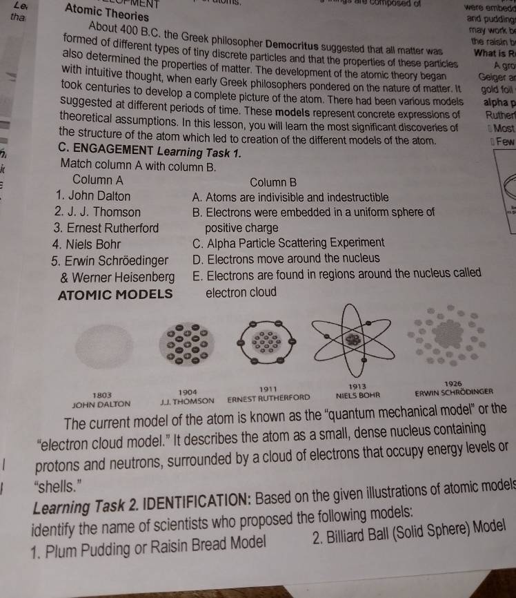 toms n g s are composed o were embedd
Le Atomic Theories
tha
and pudding
may work b
About 400 B.C. the Greek philosopher Democritus suggested that all matter was What is R
the raisin b
formed of different types of tiny discrete particles and that the properties of these particles A gro
also determined the properties of matter. The development of the atomic theory began Geiger ar
with intuitive thought, when early Greek philosophers pondered on the nature of matter. It gold foil
took centuries to develop a complete picture of the atom. There had been various models alpha p
suggested at different periods of time. These models represent concrete expressions of Ruther
theoretical assumptions. In this lesson, you will learn the most significant discoveries of # Most
the structure of the atom which led to creation of the different models of the atom. * Few
7 C. ENGAGEMENT Learning Task 1.
Match column A with column B.
Column A Column B
1. John Dalton A. Atoms are indivisible and indestructible
2. J. J. Thomson B. Electrons were embedded in a uniform sphere of
3. Ernest Rutherford positive charge
4. Niels Bohr C. Alpha Particle Scattering Experiment
5. Erwin Schröedinger D. Electrons move around the nucleus
& Werner Heisenberg E. Electrons are found in regions around the nucleus called
ATOMIC MODELS electron cloud
1911 1913 1926
1803 1904
JOHN DALTON J.J. THOMSON ERNEST RUTHERFORD NIELS BOHR ERWIN SCHRÖDINGER
The current model of the atom is known as the “quantum mechanical model” or the
“electron cloud model.” It describes the atom as a small, dense nucleus containing
protons and neutrons, surrounded by a cloud of electrons that occupy energy levels or
“shells.”
Learning Task 2. IDENTIFICATION: Based on the given illustrations of atomic models
identify the name of scientists who proposed the following models:
1. Plum Pudding or Raisin Bread Model 2. Billiard Ball (Solid Sphere) Model