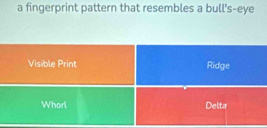 a fingerprint pattern that resembles a bull's-eye
Visible Print Ridge
Whorl Delta