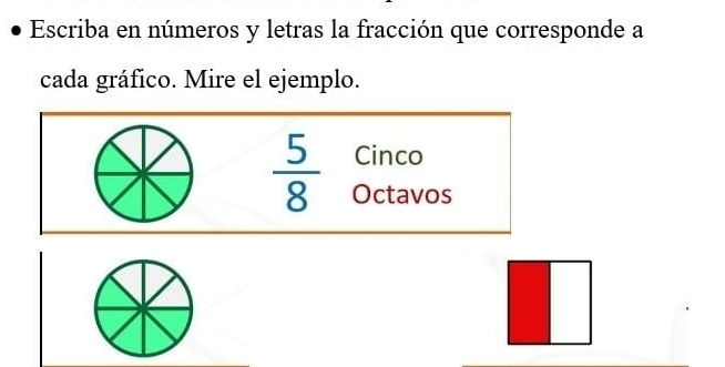 Escriba en números y letras la fracción que corresponde a 
cada gráfico. Mire el ejemplo. 
Cinco
 5/8  Octavos