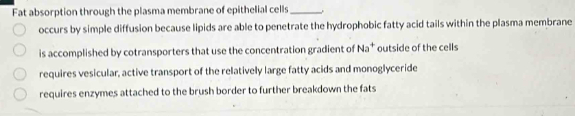 Fat absorption through the plasma membrane of epithelial cells_
occurs by simple diffusion because lipids are able to penetrate the hydrophobic fatty acid tails within the plasma membrane
is accomplished by cotransporters that use the concentration gradient of Na^+ outside of the cells
requires vesicular, active transport of the relatively large fatty acids and monoglyceride
requires enzymes attached to the brush border to further breakdown the fats