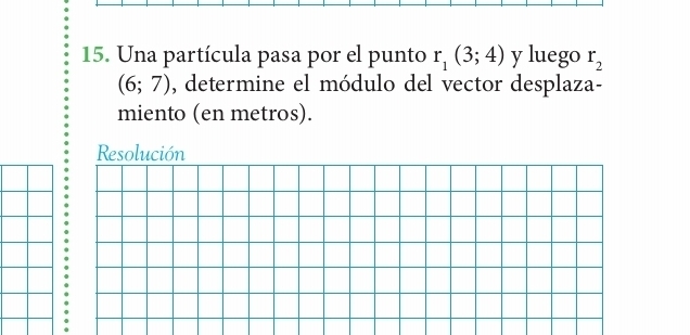 Una partícula pasa por el punto r_1(3;4) y luego r_2
(6;7) , determine el módulo del vector desplaza- 
miento (en metros). 
Resolución