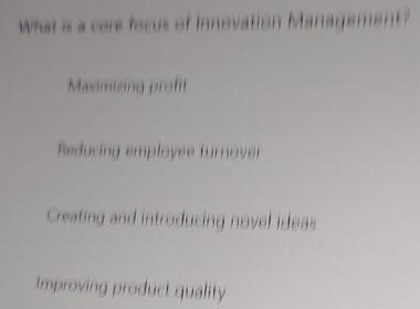 What is a core focus of innovation Management?
Maximizing profil
Reducing employes turnover
Creating and introducing novel ideas
Improving product quality