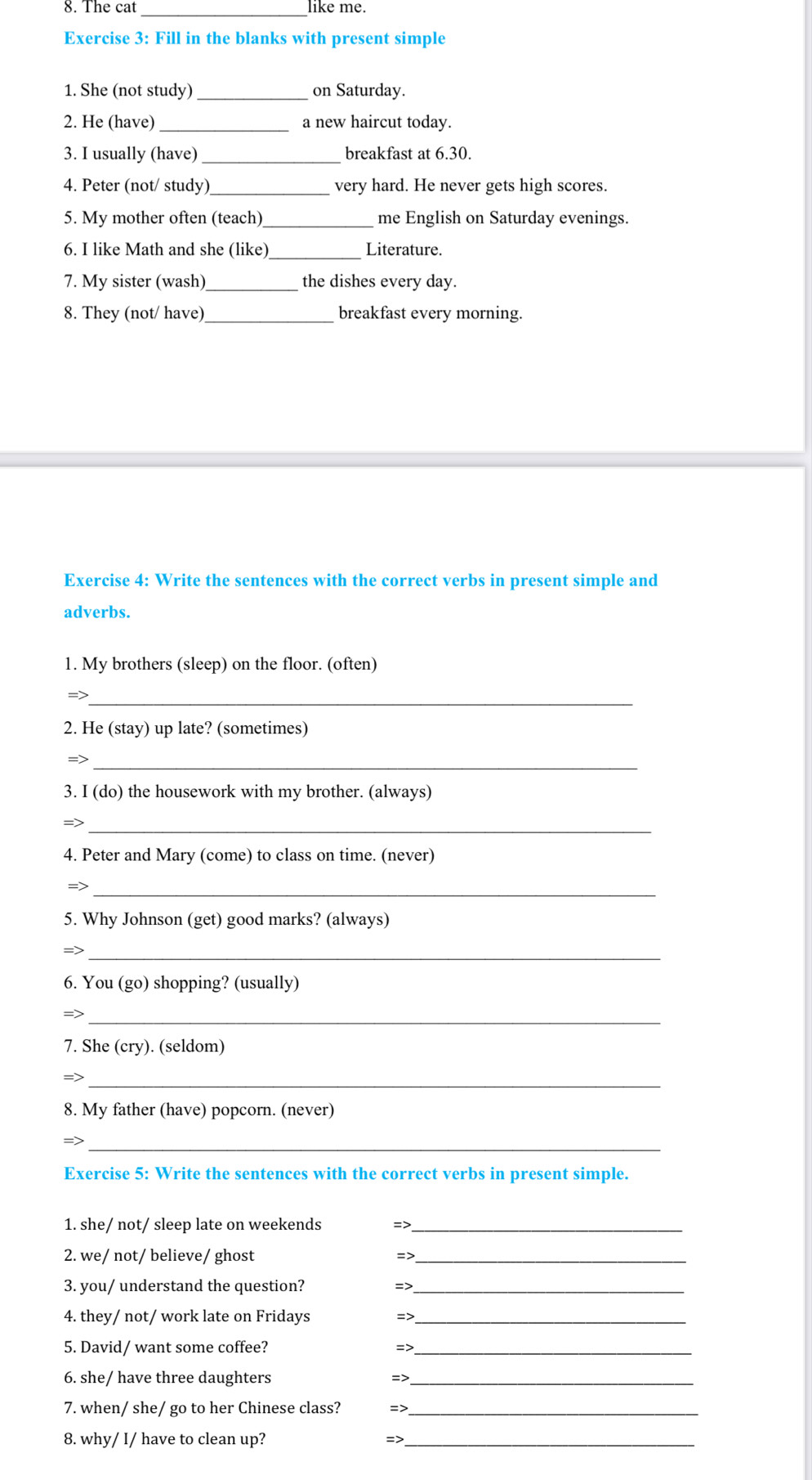 The cat _like me. 
Exercise 3: Fill in the blanks with present simple 
1. She (not study) _on Saturday. 
2. He (have) _a new haircut today. 
3. I usually (have)_ breakfast at 6.30. 
_ 
4. Peter (not/ study) very hard. He never gets high scores. 
5. My mother often (teach) _me English on Saturday evenings. 
6. I like Math and she (like) _Literature. 
7. My sister (wash) _the dishes every day. 
8. They (not/ have) _breakfast every morning. 
Exercise 4: Write the sentences with the correct verbs in present simple and 
adverbs. 
1. My brothers (sleep) on the floor. (often) 
=>_ 
2. He (stay) up late? (sometimes) 
_ 
3. I (do) the housework with my brother. (always) 
_ 
4. Peter and Mary (come) to class on time. (never) 
=>_ 
5. Why Johnson (get) good marks? (always) 
_ 
6. You (go) shopping? (usually) 
_ 
7. She (cry). (seldom) 
_ 
8. My father (have) popcorn. (never) 
_ 
Exercise 5: Write the sentences with the correct verbs in present simple. 
1. she/ not/ sleep late on weekends =>_ 
2. we/ not/ believe/ ghost =>_ 
3. you/ understand the question? =>_ 
4. they/ not/ work late on Fridays =>_ 
5. David/ want some coffee? =>_ 
6. she/ have three daughters =>_ 
7. when/ she/ go to her Chinese class? => 
8. why/ I/ have to clean up? =>_