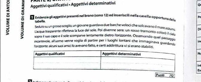 Aggettivi qualificativi • Aggettivi determinativi 
Q 
。 Evidenzia gli aggettivi presenti nel brano (sono 12) ed inseriscili nella casella opportuna dell Pc 
tabella. 
Seduto su un grosso scoglio, un giovane guardava due barche veloci che solcavano il mare azzurro Di 
L'acqua trasparente rifletteva la luce del sole. Poi divenne sera: un rosso tramontó colorò il cielo 
sopra il suo capo e il sole scomparve lentamente dietro l'orizzonte. Osservando quel paesaggio in 
incantevole, all'uomo venne voglia di partire per i luoghi Iontani che immaginava guardando 
l'orizzonte: alcuni suoi amici lo avevano fatto, e certi addirittura vi si erano stabiliti, 
Nu 
Int 
Es 
Punti /12