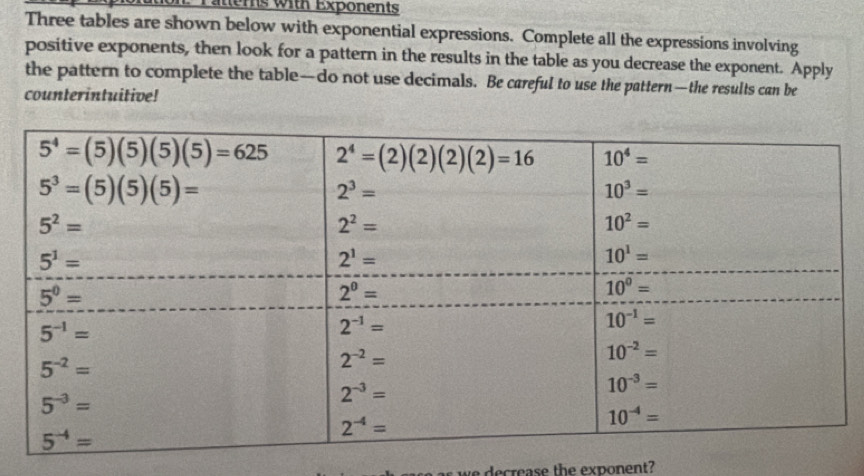 Pattems with Exponents
Three tables are shown below with exponential expressions. Complete all the expressions involving
positive exponents, then look for a pattern in the results in the table as you decrease the exponent. Apply
the pattern to complete the table—do not use decimals. Be careful to use the pattern—the results can be
counterintuitive!
we decrease the exponent?