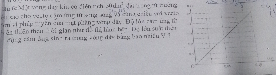 6: Một vòng dây kín có diện tích 50dm^2 đặt trong từ trường 
ều sao cho vecto cảm ứng từ song song và cùng chiều với vecto 
đơn vị pháp tuyến của mặt phẳng vòng dây. Độ lớn cảm ứng từ 
biến thiên theo thời gian như đồ thị hình bên. Độ lớn suất điện 
động cảm ứng sinh ra trong vòng dây bằng bao nhiêu V ?