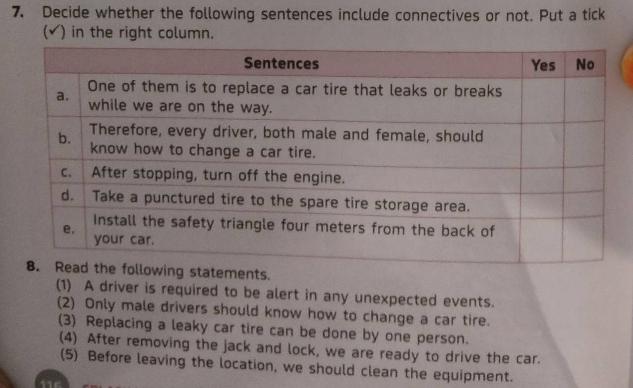 Decide whether the following sentences include connectives or not. Put a tick 
(√) in the right column. 
tements. 
(1) A driver is required to be alert in any unexpected events. 
(2) Only male drivers should know how to change a car tire. 
(3) Replacing a leaky car tire can be done by one person. 
(4) After removing the jack and lock, we are ready to drive the car. 
(5) Before leaving the location, we should clean the equipment.