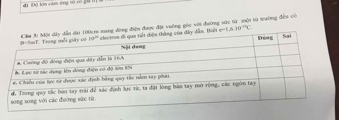 Độ lớn cảm ứng từ có gia II
ng điện được đặt vuông góc với đường sức từ một từ trường đều có
ết e=1,6.10^(-19)C.