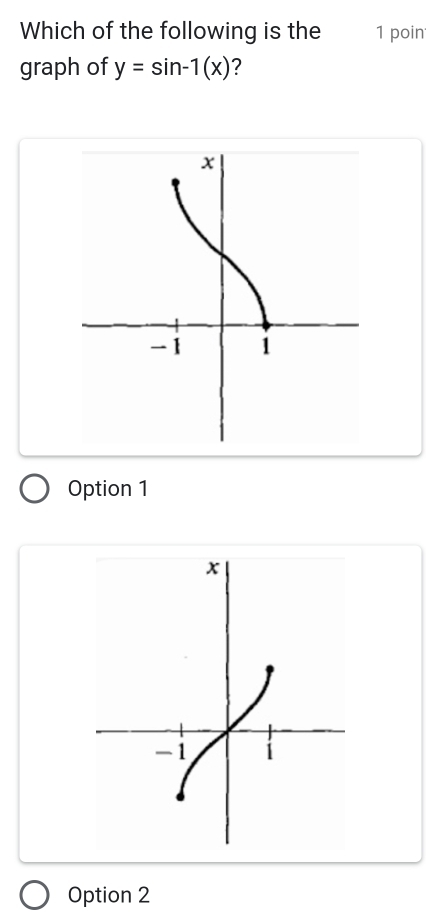 Which of the following is the 1 poin
graph of y=sin -1(x) ?
Option 1
Option 2