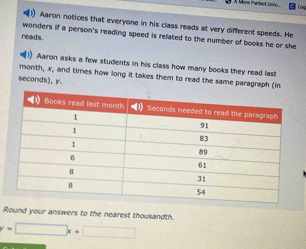 A More Perfect Unio 
Log 
Aaron notices that everyone in his class reads at very different speeds. He 
wonders if a person's reading speed is related to the number of books he or she 
reads. 
Aaron asks a few students in his class how many books they read last 
month, x, and times how long it takes them to read the same paragraph (in
seconds), y. 
Round your answers to the nearest thousandth.
y=□ x+□