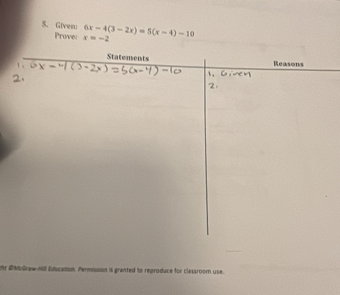 Given: 6x-4(3-2x)=5(x-4)-10
Prove: x=-2
hr DMcGraw Hill Education. Permission is granted to reproduce for classroom use.