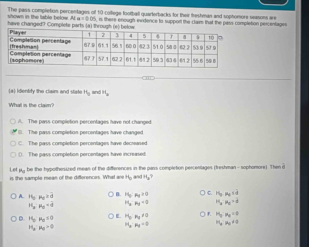 The pass completion percentages of 10 college football quarterbacks for their freshman and sophomore seasons are
shown in the table below. At alpha =0.05 , is there enough evidence to support the claim that the pass completion percentages
have changed? Complete parts (a) throug
(a) Identify the claim and state H_0 and H_a. 
What is the claim?
A. The pass completion percentages have not changed.
B. The pass completion percentages have changed.
C. The pass completion percentages have decreased.
D. The pass completion percentages have increased.
Let mu _d be the hypothesized mean of the differences in the pass completion percentages (freshman- sophomore). Then d
is the sample mean of the differences. What are H_0 and H_a ?
A. H_0:mu _d≥ overline d
C.
B. H_0:mu _d≥ 0 H_0:mu _d≤ overline d
H_a:mu _d
H_a:mu _d<0</tex>
H_a:mu _d>overline d
D. H_0:mu _d≤ 0
E. H_0:mu _d!= 0
F. H_0:mu _d=0
H_a:mu _d>0
H_a:mu _d=0
H_a:mu _d!= 0
