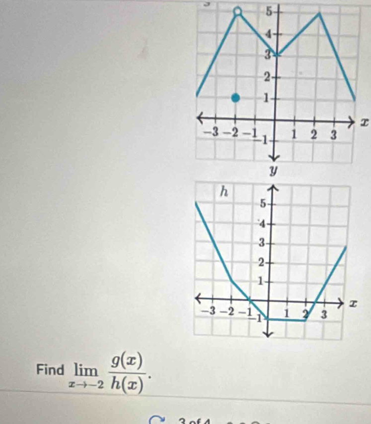 x
Find limlimits _xto -2 g(x)/h(x) .