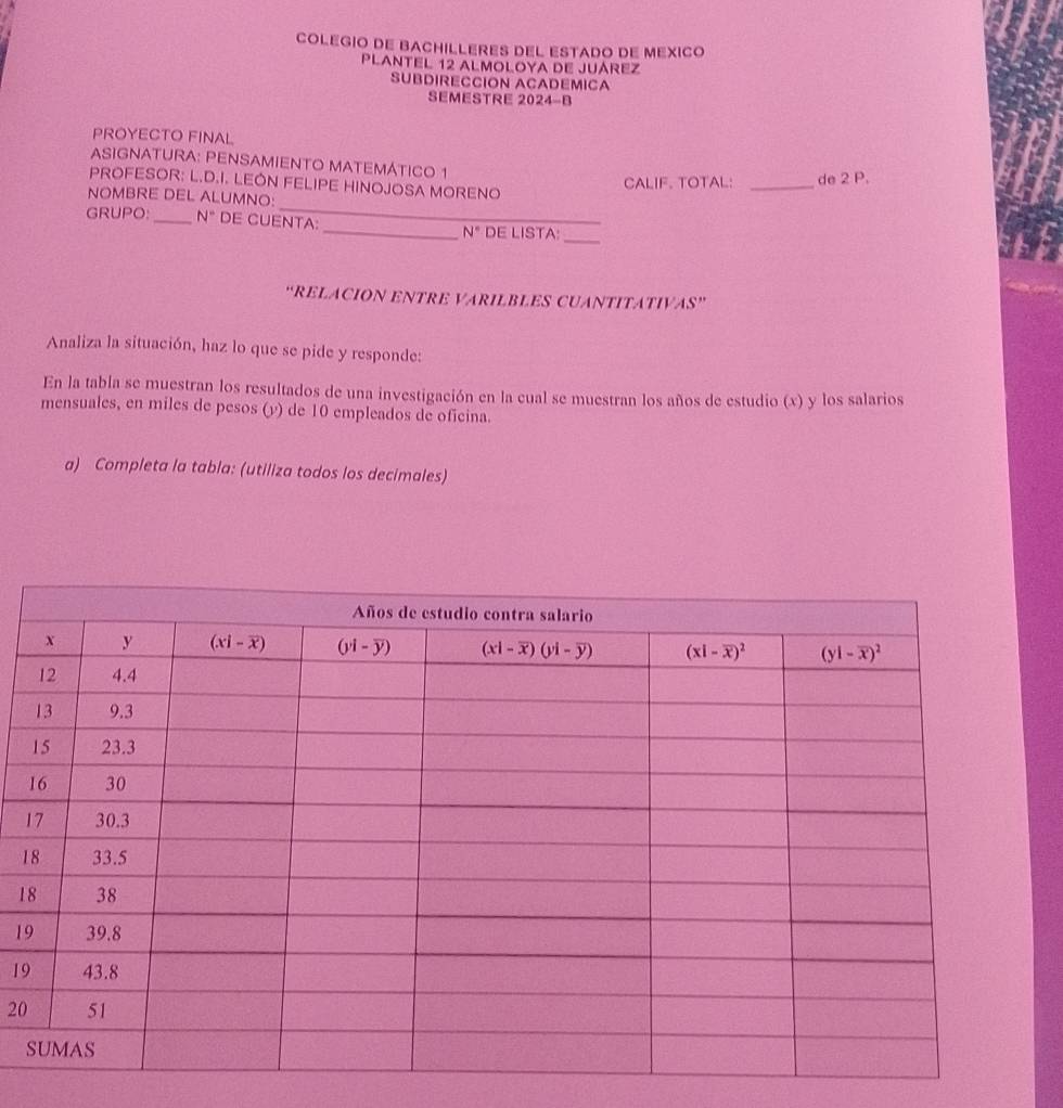 COLEGIO DE BACHILLERES DEL ESTADO DE MEXICO
PLANTEL 12 ALMOLOYA DE JUÁREZ
SUBDIRECCION ACADEMICA
SEMESTRE 2024-B
PROYECTO FINAL
ASIGNATURA: PENSAMIENTO MATEMÁTICO 1
PROFESOR: L.D.I. LEON FELIPE HINOJOSA MORENO
CALIF. TOTAL: _de 2 P.
NOMBRE DEL ALUMNO:
GRUPO _ N° DE CUENTA: _ N° DE LISTA:
_
“RELACION ENTRE VARILBLES CUANTITATIVAS”
Analiza la situación, haz lo que se pide y responde:
En la tabla se muestran los resultados de una investigación en la cual se muestran los años de estudio (x) y los salarios
mensuales, en miles de pesos (y) de 10 empleados de oficina.
a) Completa la tabla: (utiliza todos los decimales)
1
1
1
1
19
20
S