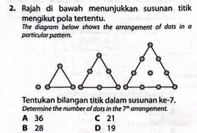 Rajah di bawah menunjukkan susunan titik
mengikut pola tertentu.
The diagram below shows the arrangement of dots in a
particular pattern.
Tentukan bilangan titik dalam susunan ke -7.
Determine the number of dots in the 7^(th) arrangement.
A 36 C 21
B 28 D 19