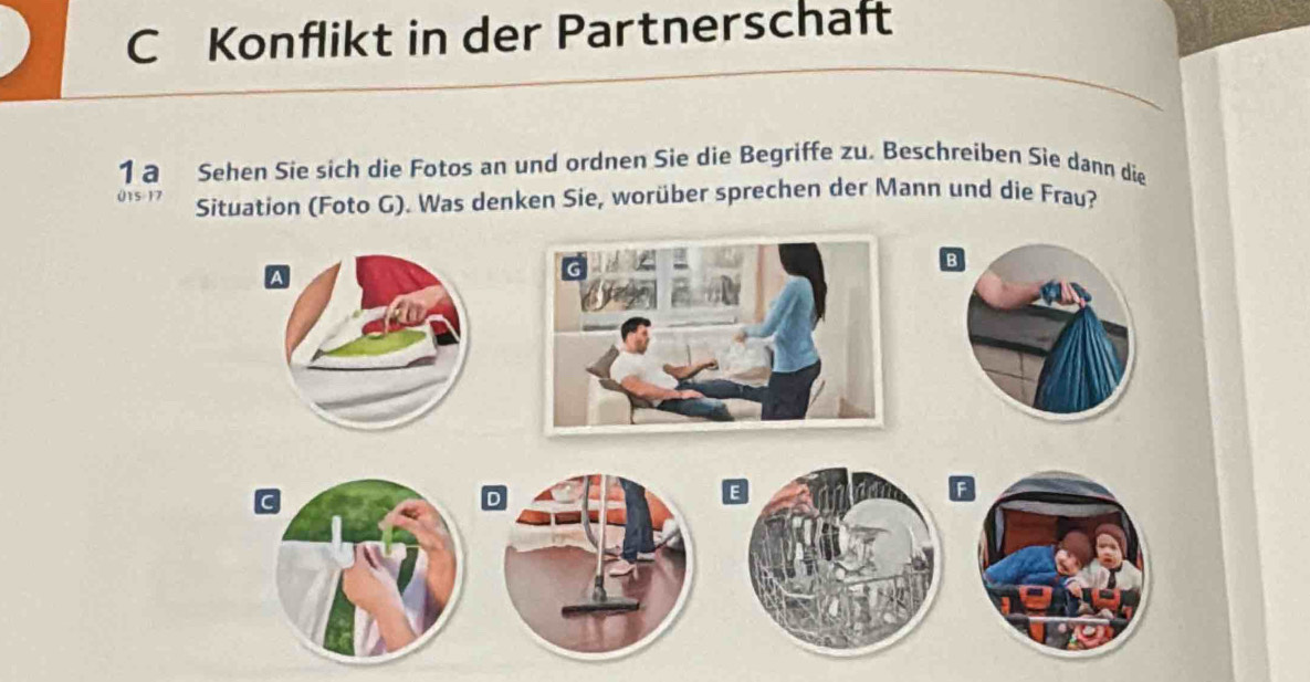 Konflikt in der Partnerschaft 
1 a Sehen Sie sich die Fotos an und ordnen Sie die Begriffe zu. Beschreiben Sie dann die 
Situation (Foto G). Was denken Sie, worüber sprechen der Mann und die Frau?