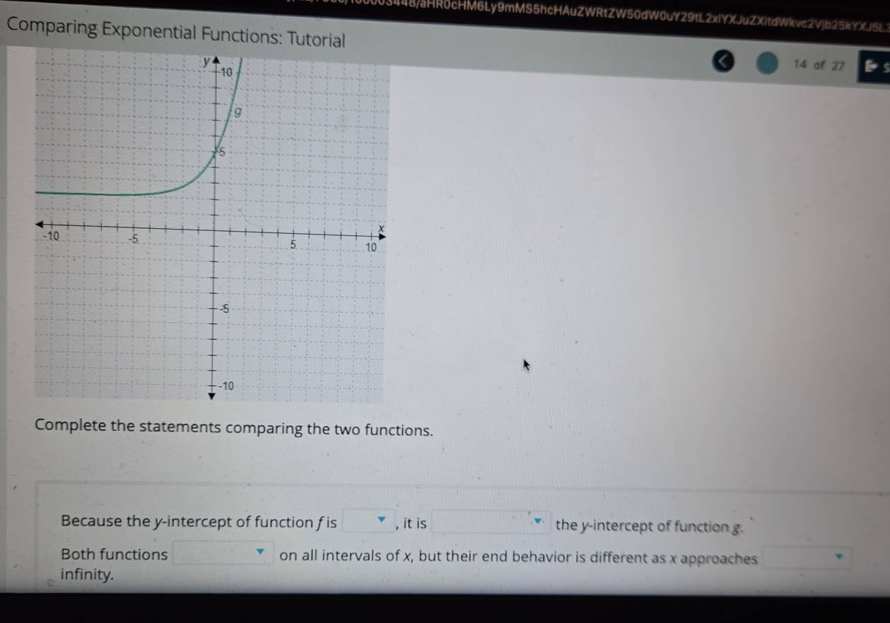 3448jaHR0cHM6Ly9mMS5hcHAuZWRtZW50dW0uY29tL2xlYXJuZXItdWkvc2Vjb25kYXJ5L3 
Comparing Exponential Functions: Tutorial 
14 of 27 B s 
Complete the statements comparing the two functions. 
Because the y-intercept of function f is □  , it is the y-intercept of function g. 
Both functions on all intervals of x, but their end behavior is different as x approaches 
infinity.