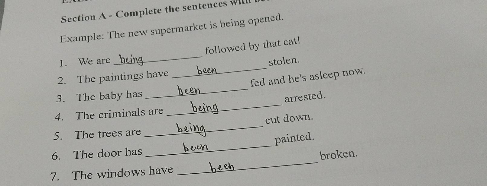 Complete the sentences WI 
Example: The new supermarket is being opened. 
_ 
followed by that cat! 
_ 
1. We are stolen. 
_ 
fed and he's asleep now. 
2. The paintings have 
3. The baby has 
arrested. 
_ 
4. The criminals are 
_ 
cut down. 
5. The trees are 
_ 
painted. 
_ 
6. The door has 
broken. 
7. The windows have