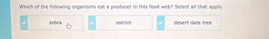 Which of the following organisms eat a producer in this food web? Select all that apply,
zebra ostrich desert date tree
I