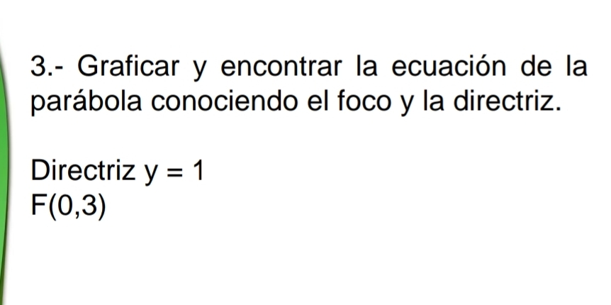 3.- Graficar y encontrar la ecuación de la 
parábola conociendo el foco y la directriz. 
Directriz y=1
F(0,3)