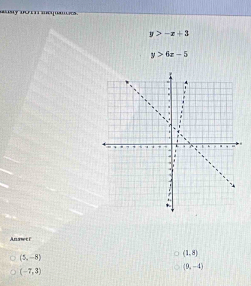 austy bo mequaties.
y>-x+3
y>6x-5
Answer
(5,-8)
(1,8)
(-7,3)
(9,-4)