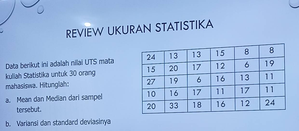 REVIEW UKURAN STATISTIKA 
Data berikut ini adalah nilai UTS mata 
kuliah Statistika untuk 30 orang 
mahasiswa. Hitunglah: 
a. Mean dan Median dari sampel 
tersebut. 
b. Variansi dan standard deviasinya