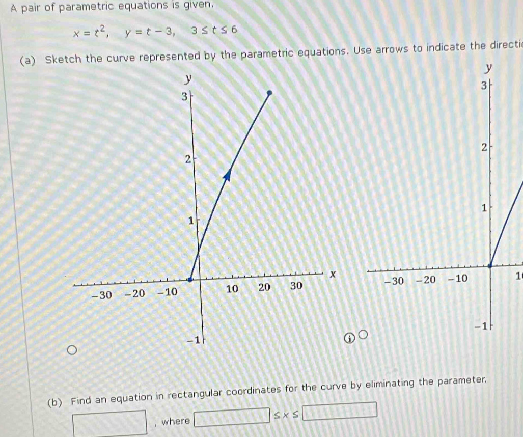 A pair of parametric equations is given.
x=t^2, y=t-3, 3≤ t≤ 6
(a) Sketch the curve represented by the parametric equations. Use arrows to indicate the directi 
1 
(b) Find an equation in rectangular coordinates for the curve by eliminating the parameter,
□  , where □ ≤ x≤ □ 
□