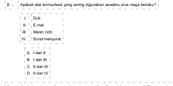 Apakah alat komunikasi yang sering digunakan sewaktu urus niaga berlaku?
1. Duit
II. E-mel
Ⅲ. Mesin ricih
IV. | Surat-menyurat
A. I dan II
B. I dan III
C. II dan III
D. II dan IV