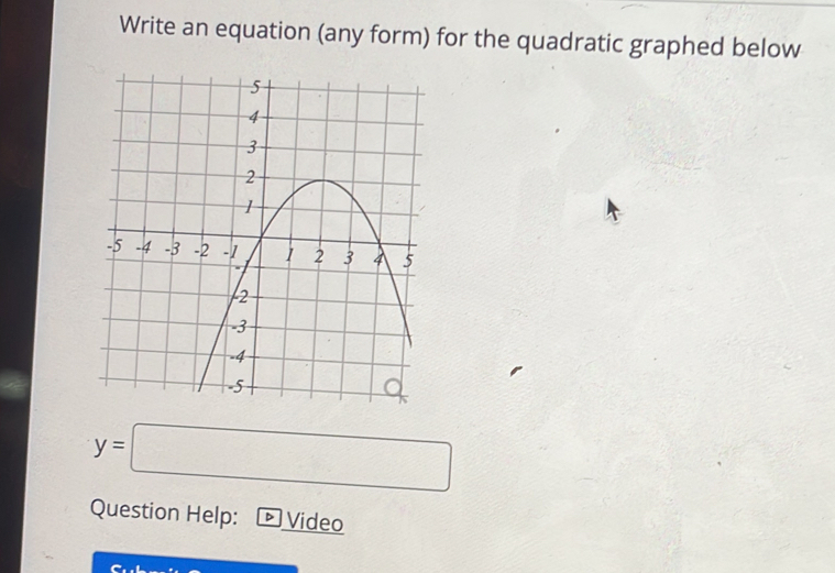 Write an equation (any form) for the quadratic graphed below
y=□
Question Help: D Video