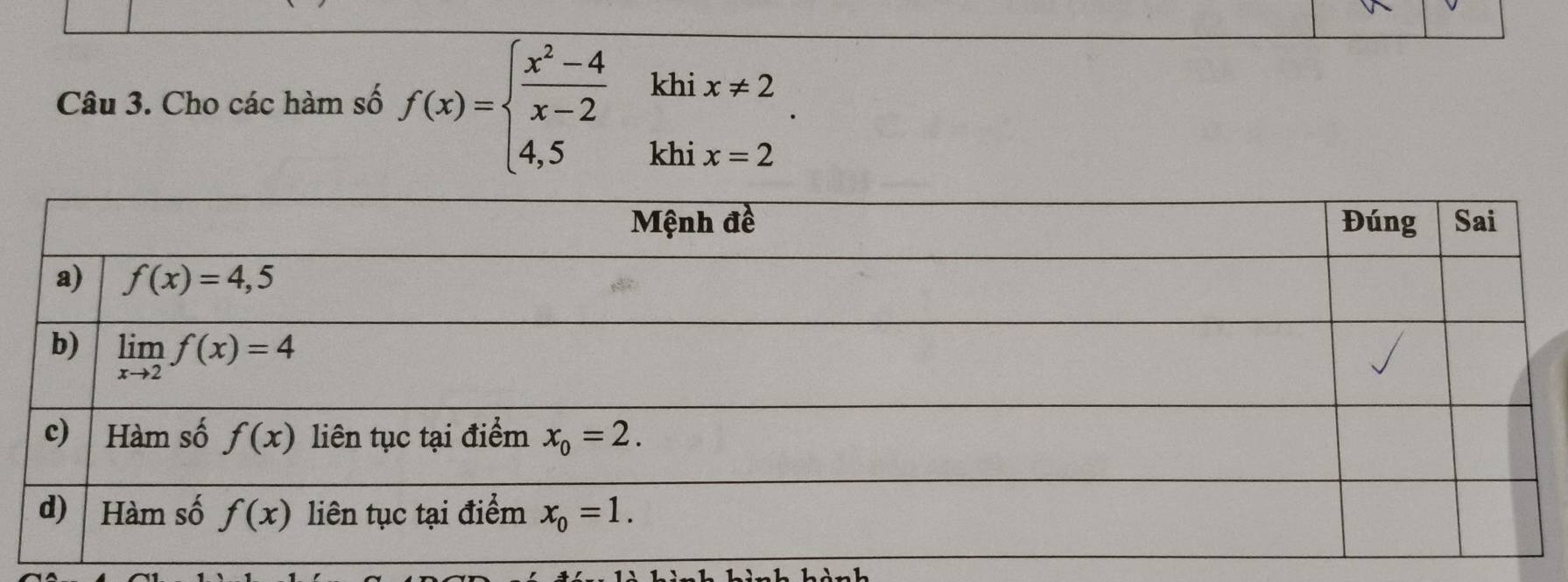 Cho các hàm số f(x)=beginarrayl  (x^2-4)/x-2 khix!= 2 4,5khix=2endarray. .
hành