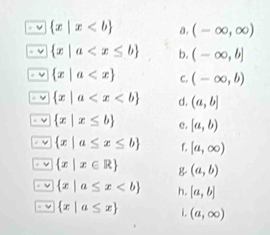  x|x
a, (-∈fty ,∈fty )
V  x|a b. (-∈fty ,b]
 x|a
C. (-∈fty ,b)
 x|a d. (a,b]
 x|x≤ b
e. [a,b)
 x|a≤ x≤ b f, [a,∈fty )
I  x|x∈ R
g. (a,b)
 x|a≤ x h. [a,b]
 x|a≤ x
i. (a,∈fty )